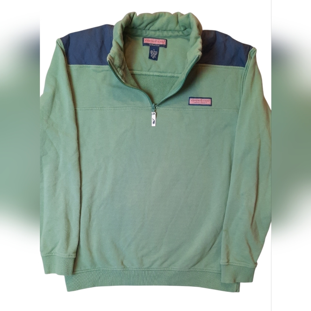 Vineyard Vines Sweater Large Green and Navy Quarter Zip Beach Preppy Nautical